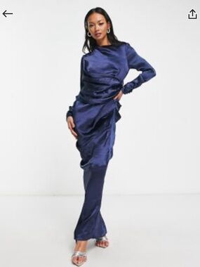 ASOS Deep Blue Satin Ruched Long Sleeve Dress